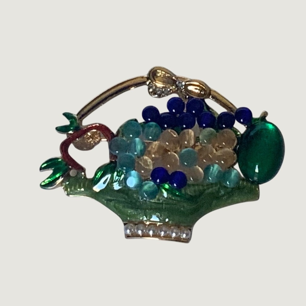 Vintage Gold Tone Fruit Basket Brooch Enamel Rhinestone Faux Pearl